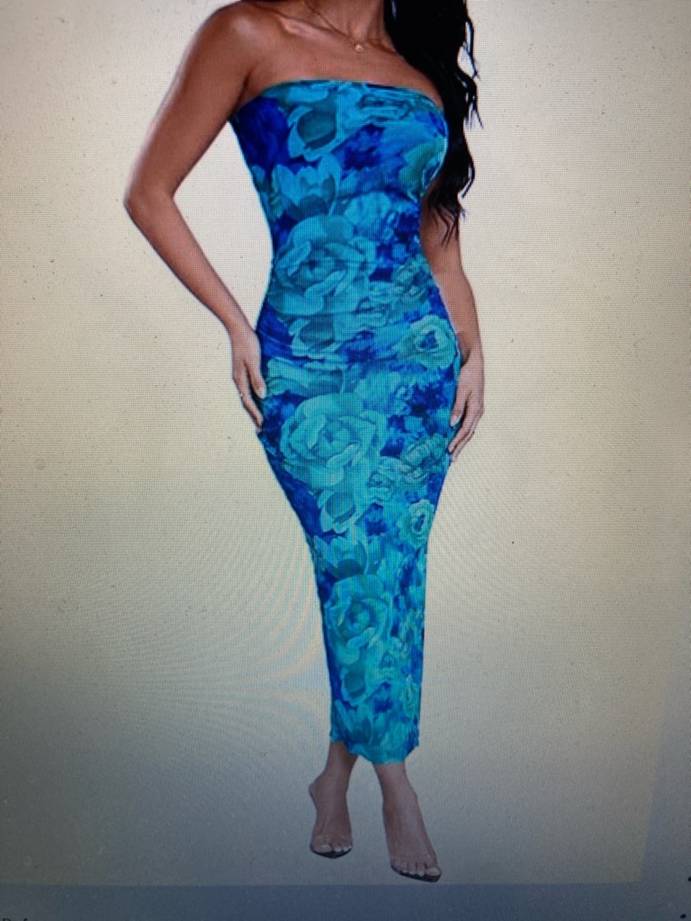 Strapless Blue Floral Bodycon Midi Dress
